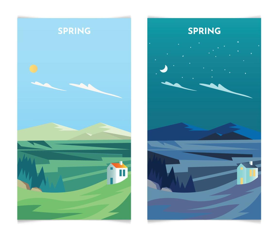 paisaje primaveral de día y de noche. ilustración de vector de plantilla de conjunto de banners de temporada de primavera