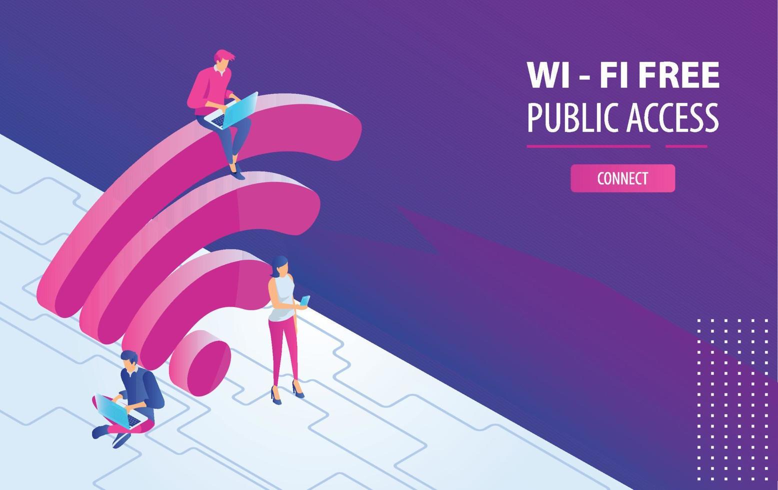 Isometric People working on laptops sitting on a big wifi sign in the free internet zone. Free hotspot, public assess zone, portable device concept background. Vector 3d Illustration, landing page