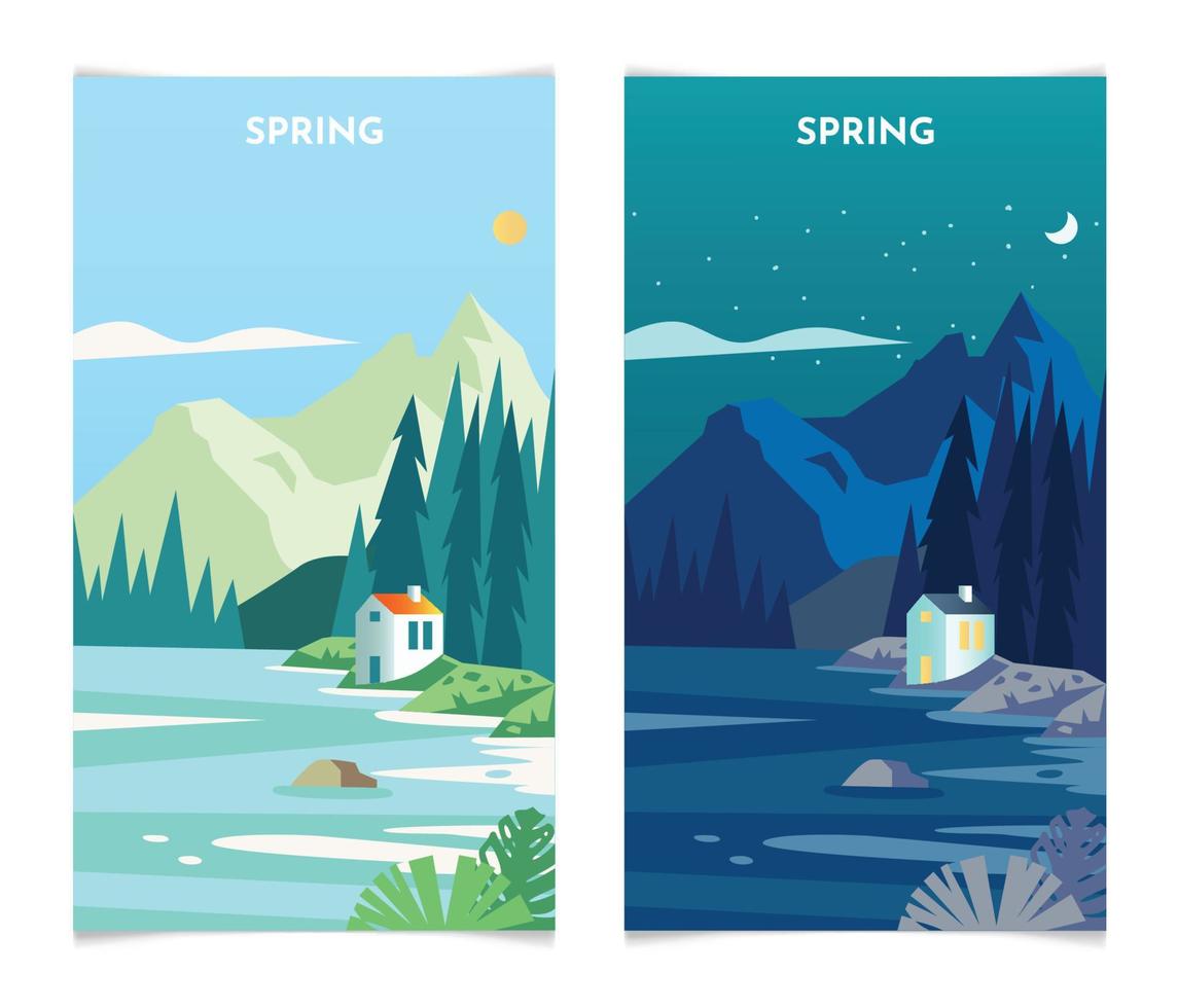 paisaje primaveral de día y de noche. ilustración de vector de plantilla de conjunto de banners de temporada de primavera