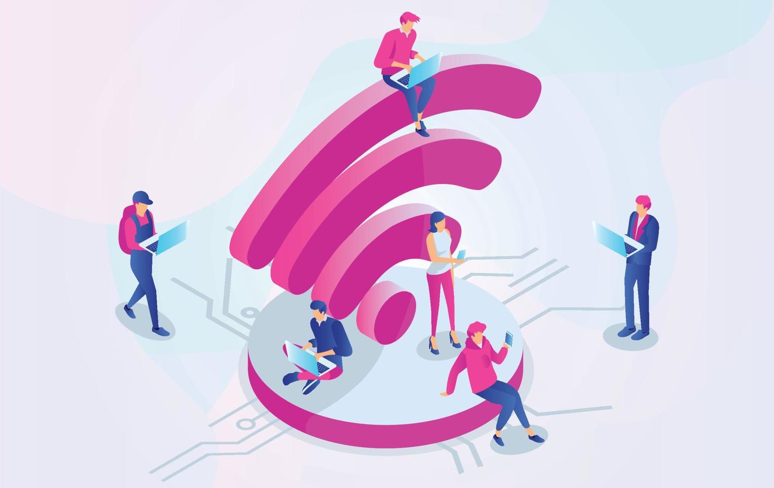Isometric People working on laptops sitting on a big wifi sign in the free internet zone. Free wifi hotspot, public assess zone, portable device concept background. Vector 3d Illustration - Vector