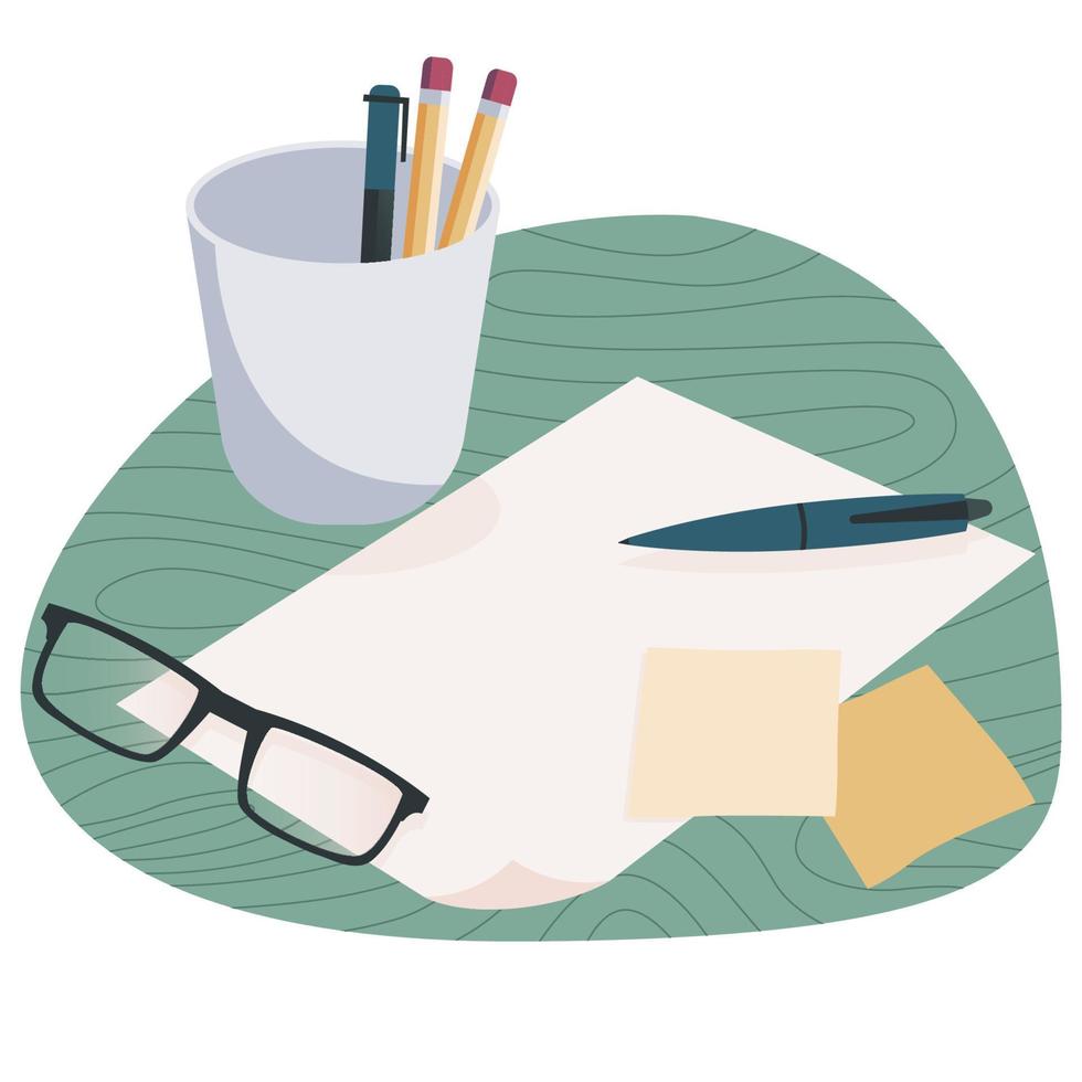 Glasses, pen, pencil, sticky note, piece of paper with green bubble isolated on white background. Preparation to start work. Flat design vector illustration