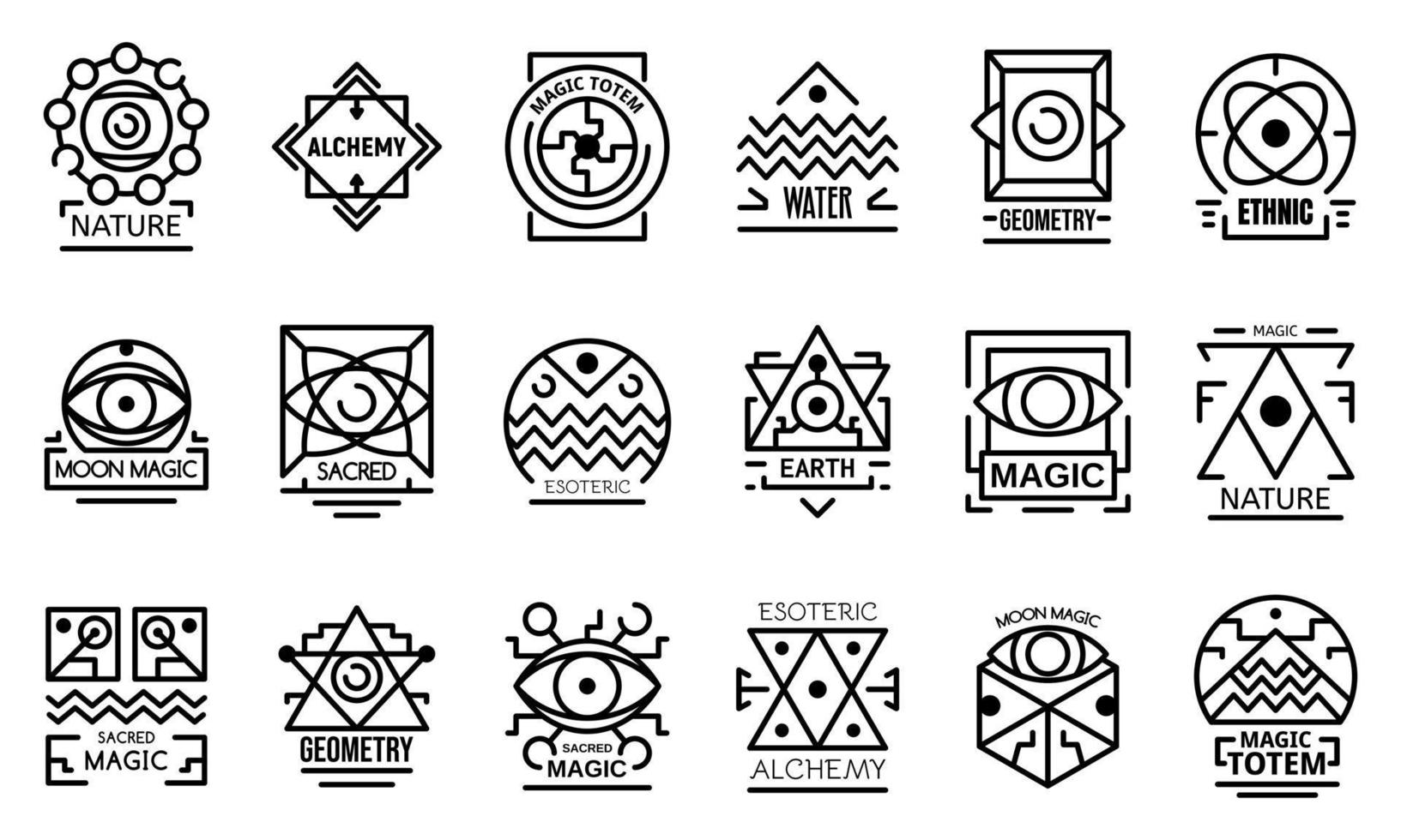 Geometric alchemy icons set, outline style vector