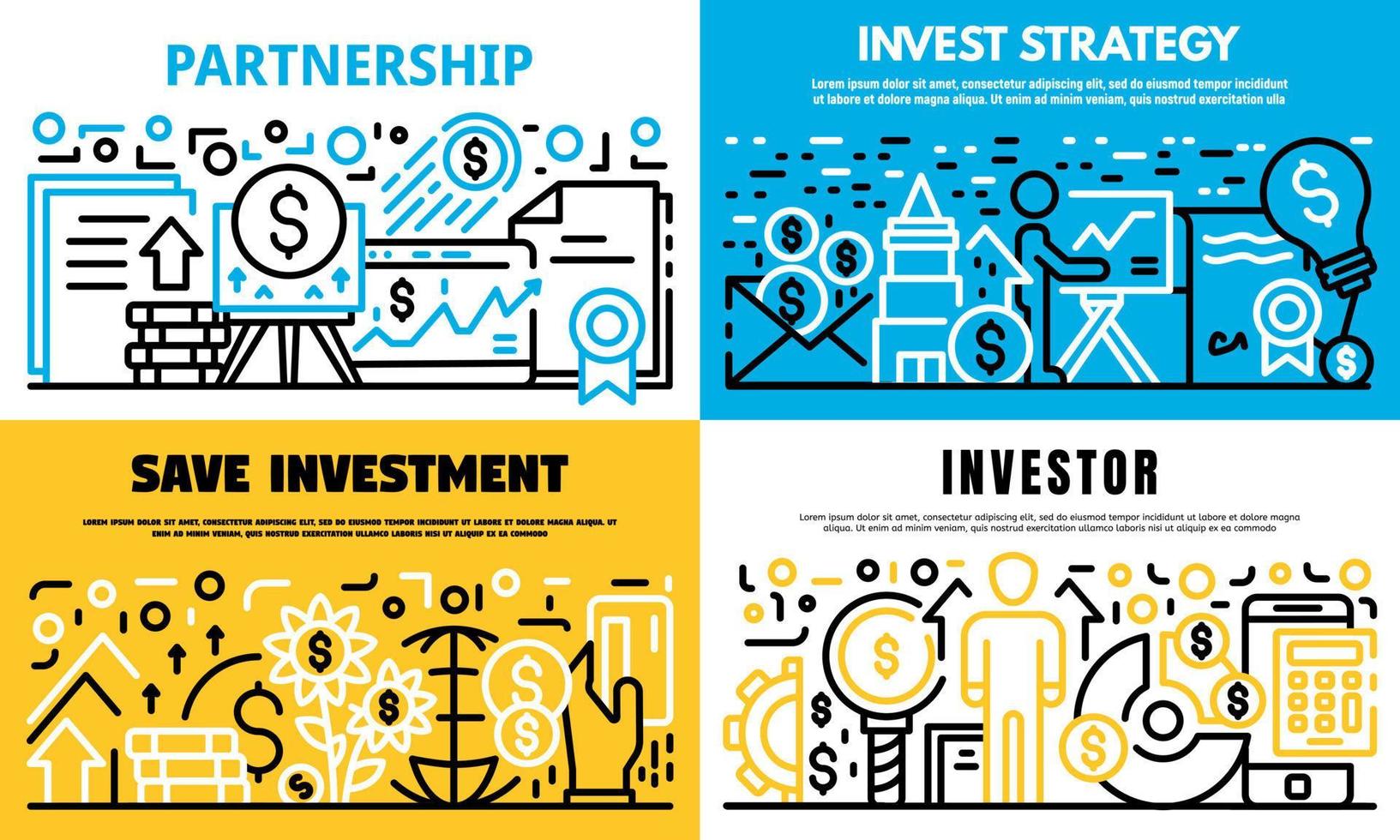 conjunto de banners de estrategia de inversión, estilo de esquema vector