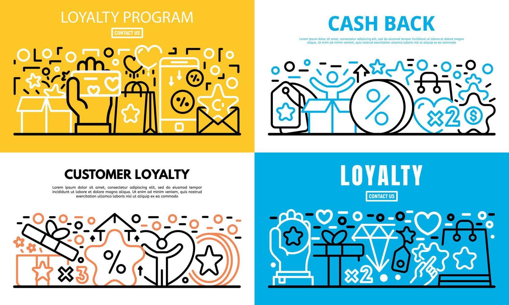 Loyalty program reward banner set, outline style vector