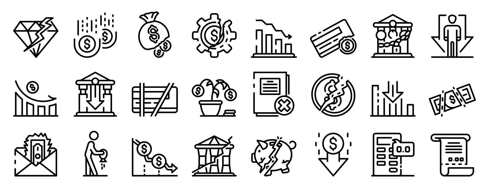 Bankrupt icons set, outline style vector