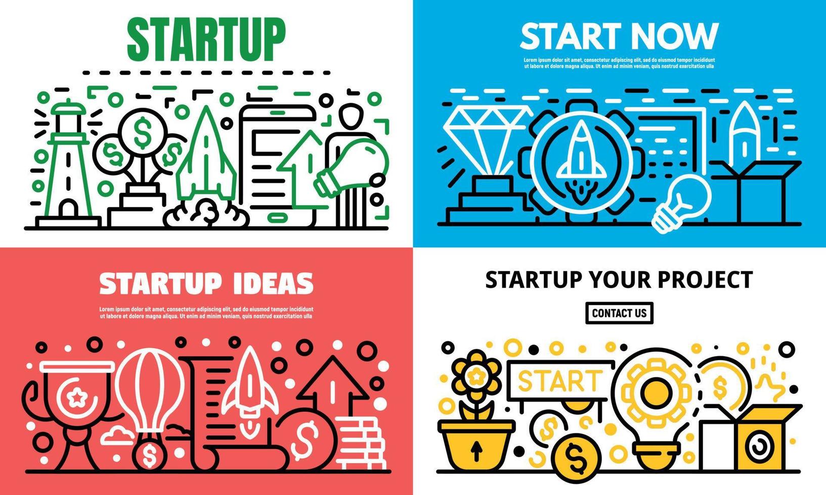 Media startup banner set, outline style vector
