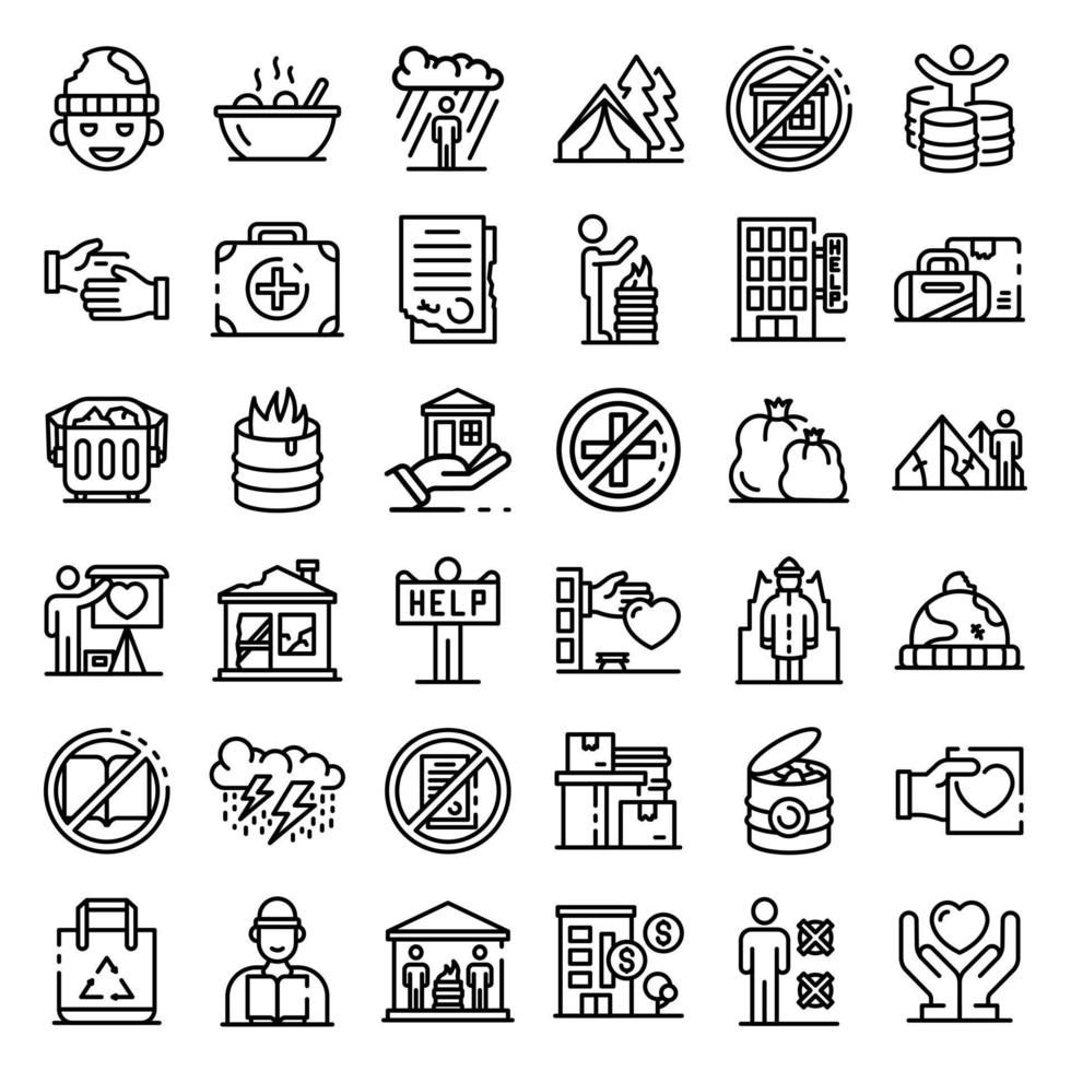 Homeless shelter icons set, outline style vector