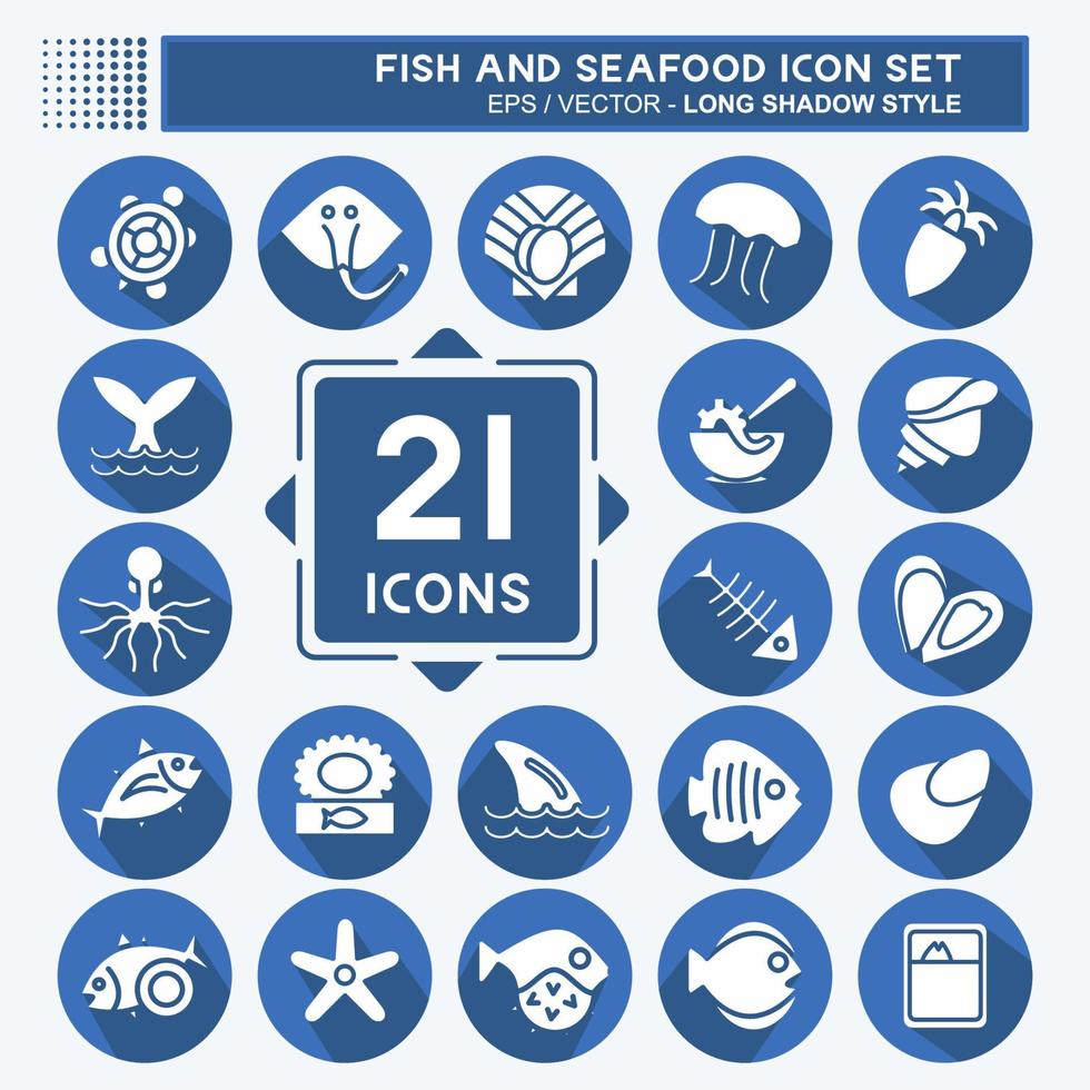 conjunto de iconos pescados y mariscos. adecuado para el símbolo de mariscos. estilo de sombra larga. diseño simple editable. vector de plantilla de diseño. ilustración sencilla