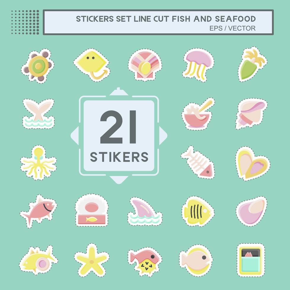 Sticker line cut Set Fish and Seafood. suitable for seafood symbol. simple design editable. design template vector. simple illustration vector