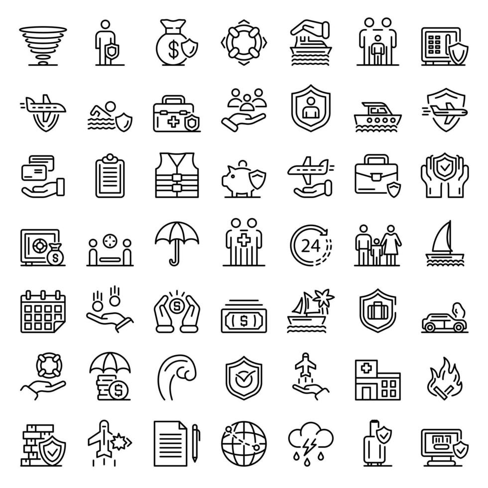 Family travel insurance icons set, outline style vector