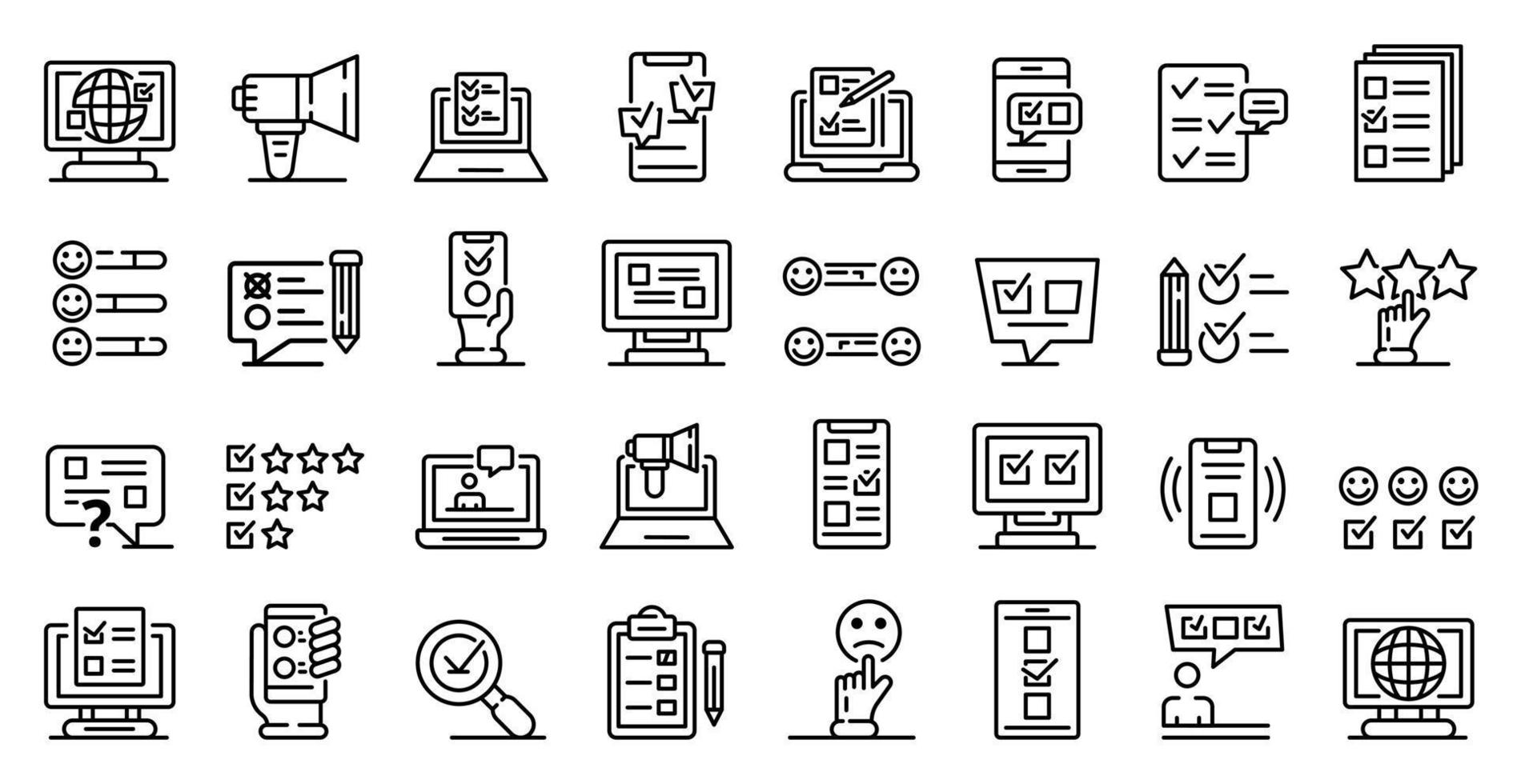 Online survey icons set, outline style vector