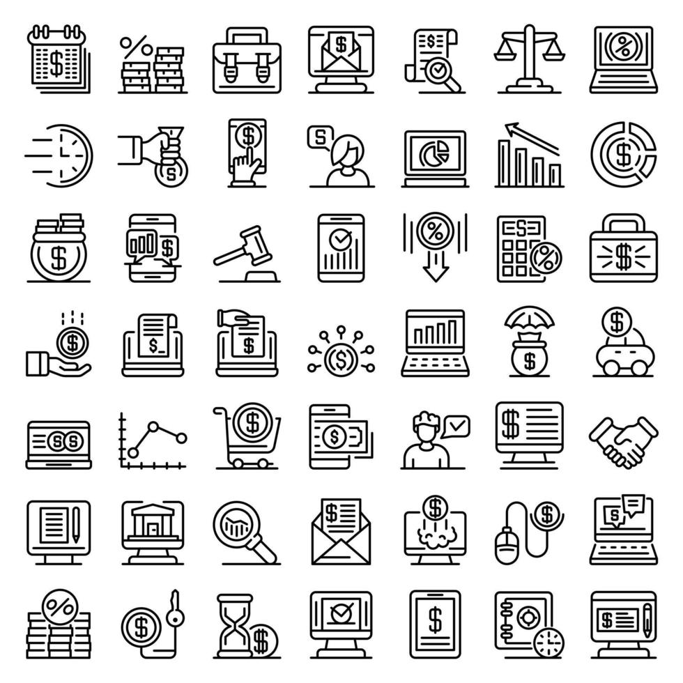 Online loan icons set, outline style vector