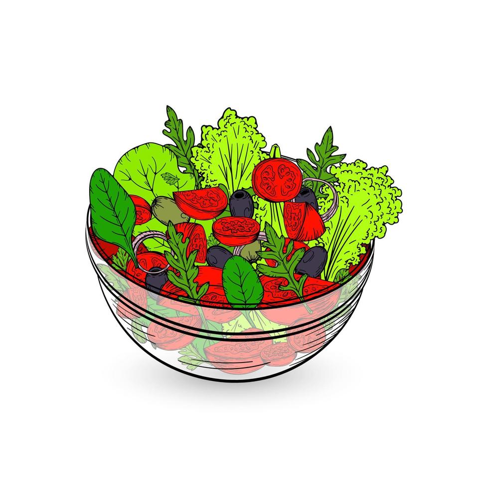 Greek salad in a bowl. Sketch vector illustration of tomato, olive. Simple vegetable meal icon design. Healthy food concept