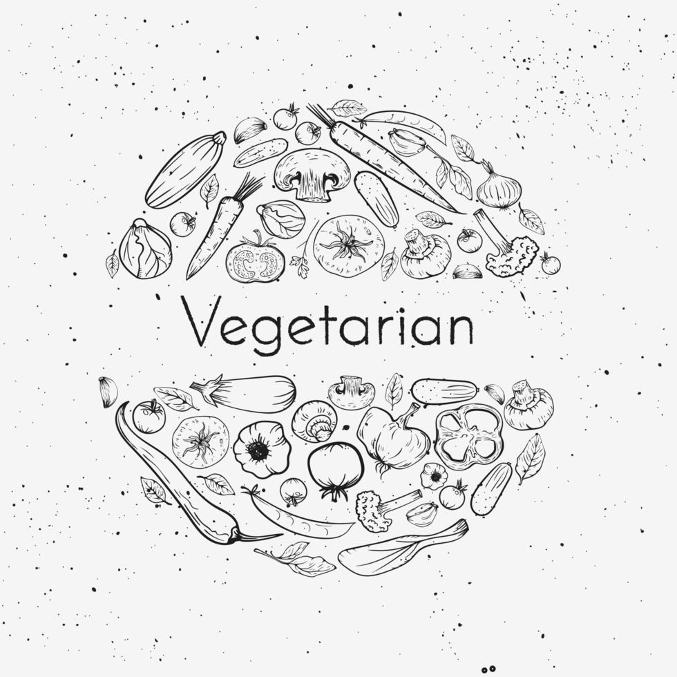 Vector grunge background with vegetables set and place for text. Sketch doodle vegan meal in circle frame organic drawing illustration for vegetarian restaurant menu or recipe or package