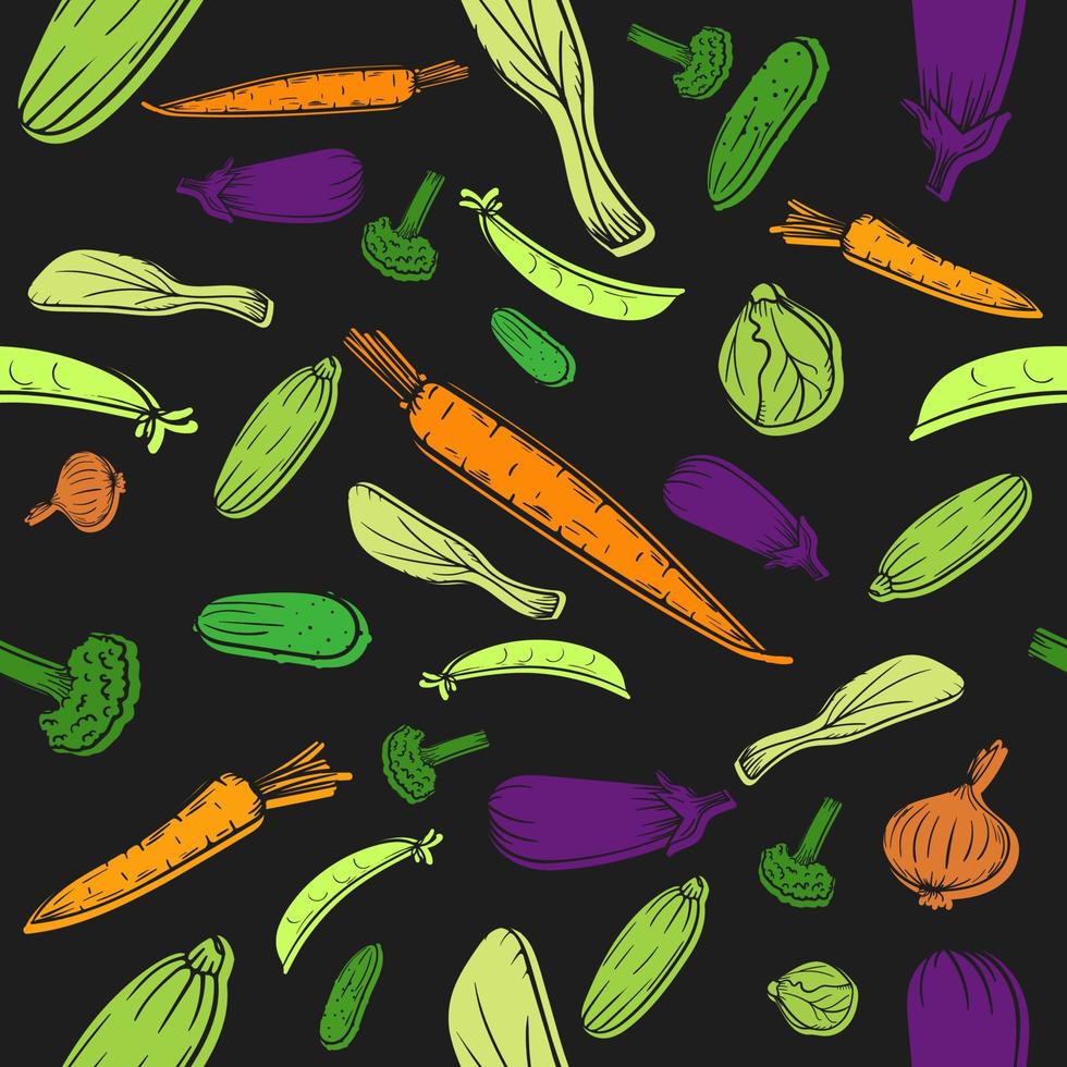 Hand drawn sketch vegetables healthy food. Eggplant, carrot, zucchini, cucumber, broccoli seamless pattern with black background vector