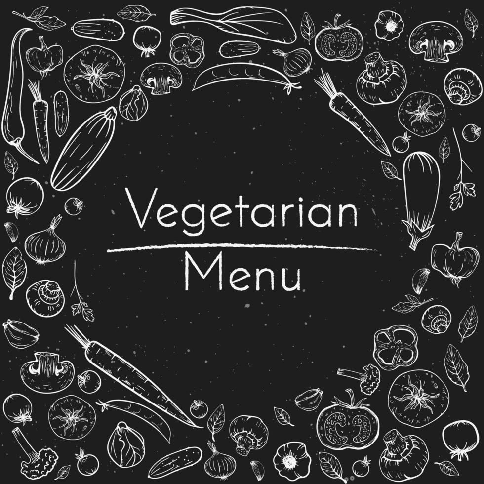 Vector blackboard background with sketch chalk vegetables and place for text. Doodle food in circle frame organic vegan drawing illustration for restaurant menu