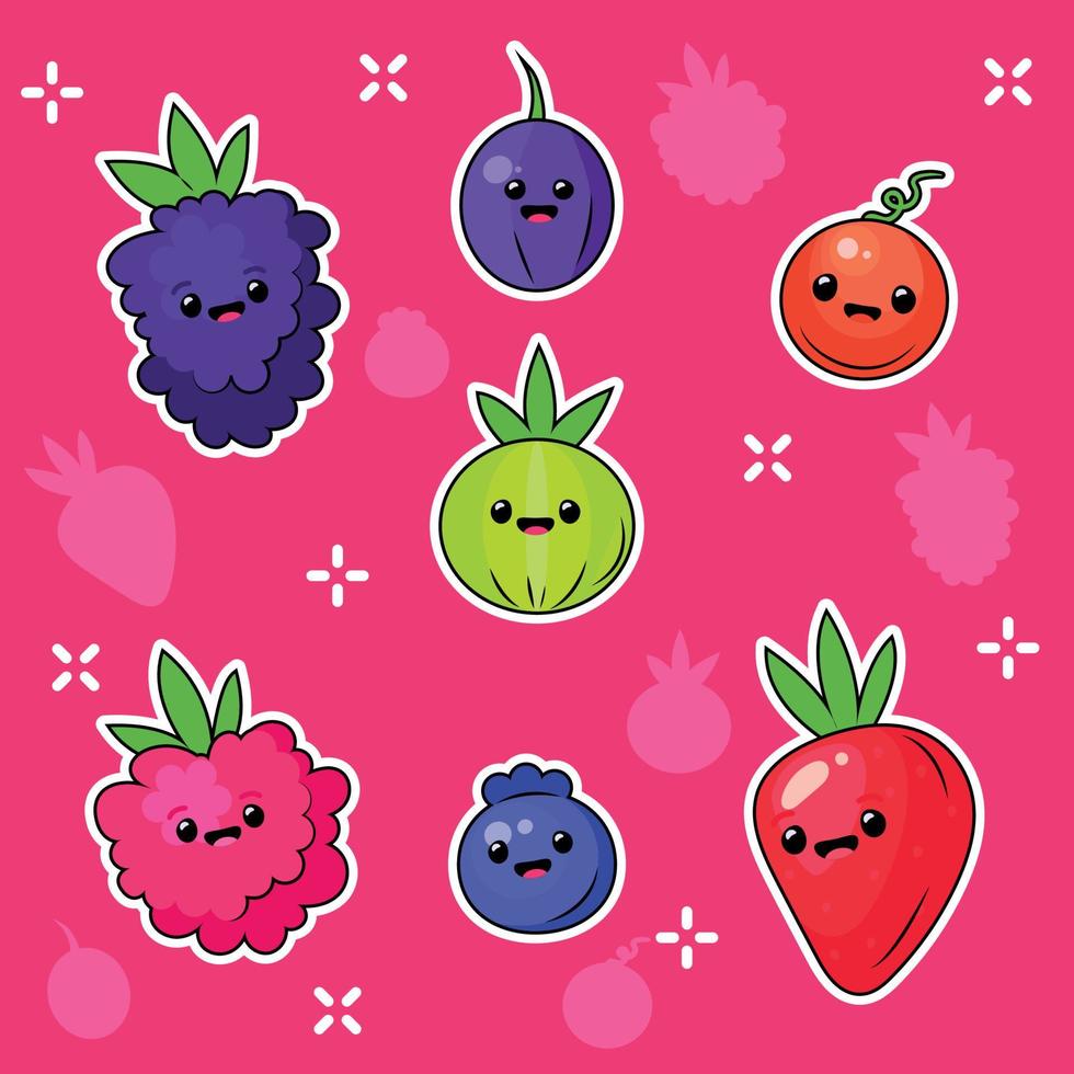 Cute happy berry character. Funny berry emoticon in flat style. Cartoon fruit emoji vector illustration. Juicy fresh berries, raspberry, gooseberry, lingonberry, blueberry, blackberry, strawberry