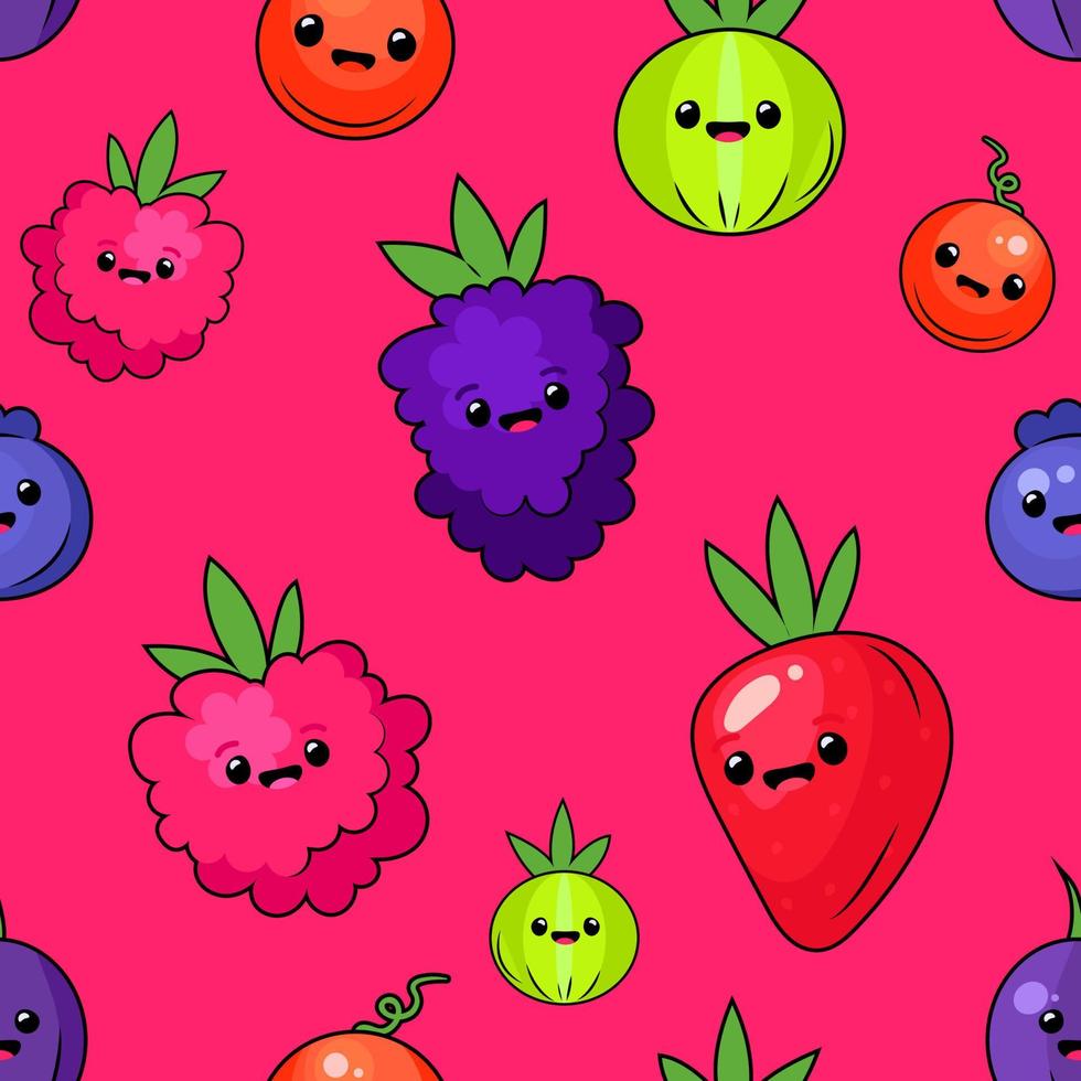 Cartoon set of different berries. Smiling cute juicy fresh berry, raspberry, gooseberry, lingonberry, blueberry, blackberry, strawberry, cartoon vector. Seamless pattern vector