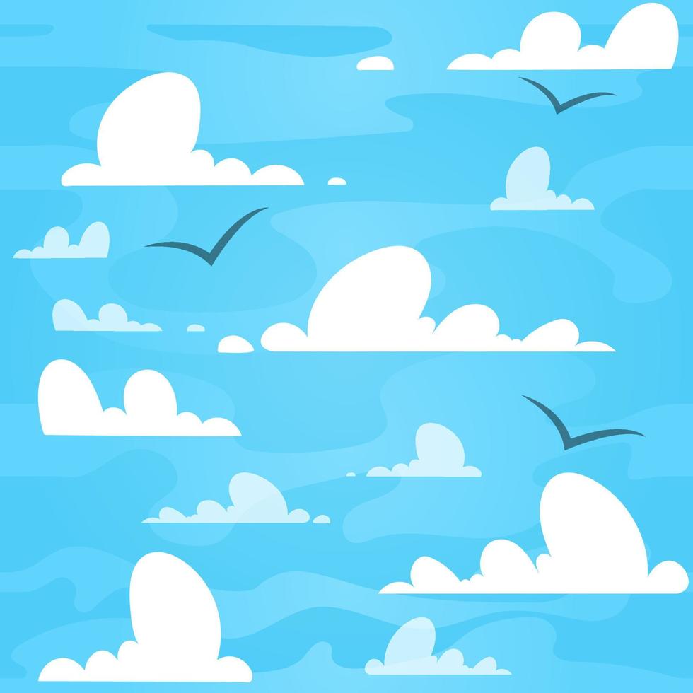 Vector seamless pattern of clouds on blue sky with birds, seagulls.