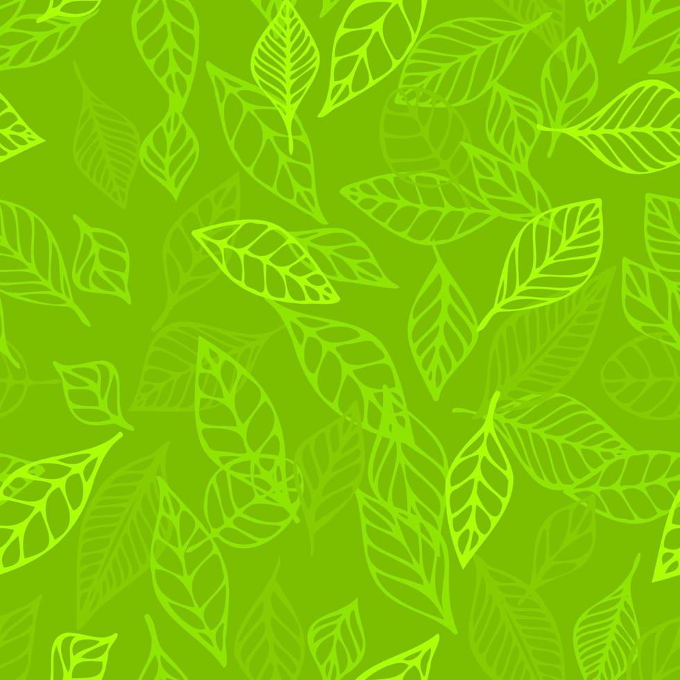 patrón sin costuras dibujado a mano vector divertido fondo de hoja de verano verde. imprimir con hojas para niños. ornamento natural de línea para tela, envoltura y textil. álbum de recortes, papel tapiz.