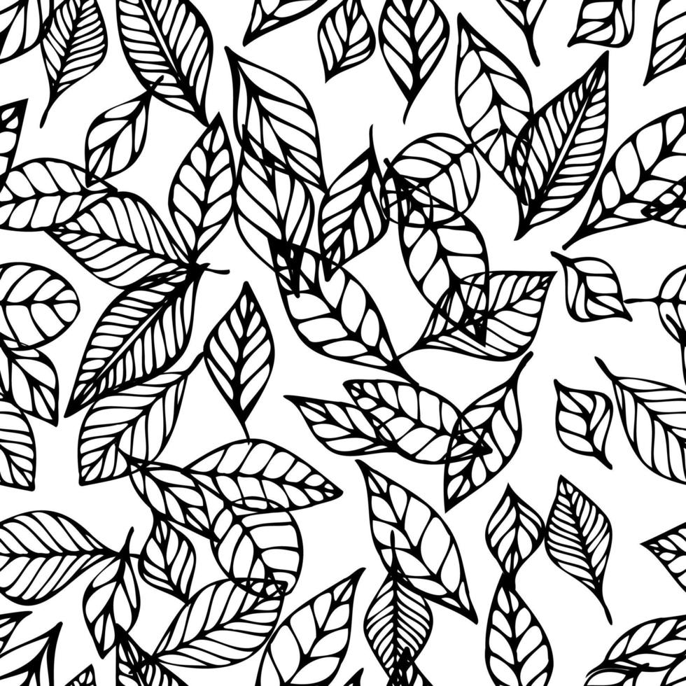 Seamless pattern hand drawn cute vector summer leaf. Print with leaves. Elegant beautiful line nature ornament for fabric, wrapping and textile. Scrapbook black and white paper.