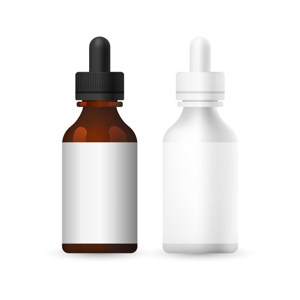 Set of realistic empty packages of beauty products for body. Collection of blank template of container for serum or oil pipette white, brown, transparent glass. Mock up illustration isolated on white. vector