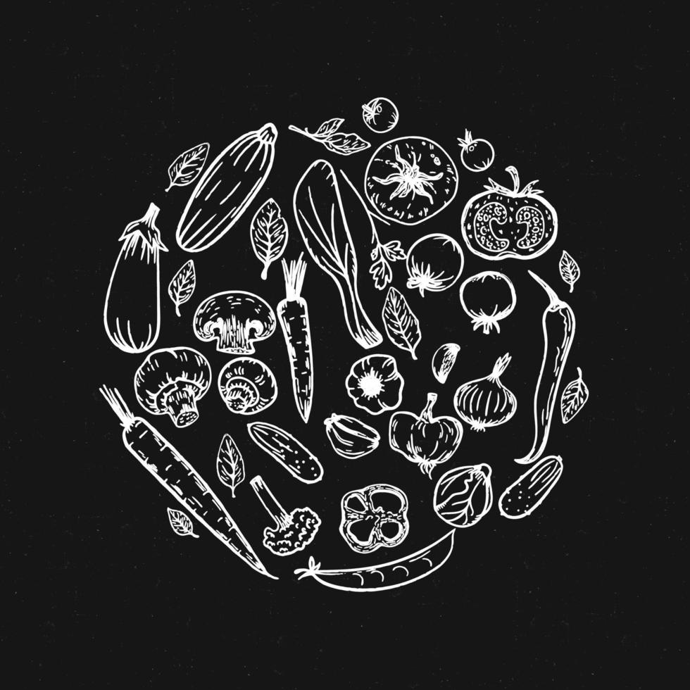 Vector blackboard background with vegetables set cucumber, mushroom, carrot, tomato, garlic, pepper. Sketch grunge chalk doodle food in circle frame hand drawing illustration for restaurant menu