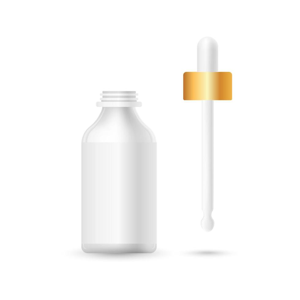 Realistic empty package of beauty product for body. Blank template of container for serum or oil, golden design transparent glass with pipette. Mock up illustration isolated on white. vector