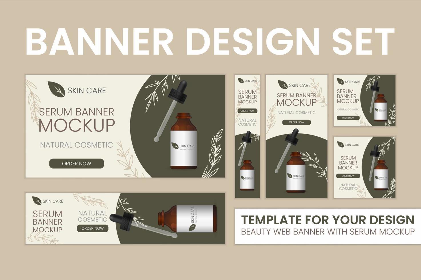 Big kit of banners. Natural or organic skin care product ad template. Bottle mock up 3d illustration on green beige background. Serum realistic dropper with pipette, abstract banner for cosmetics. vector