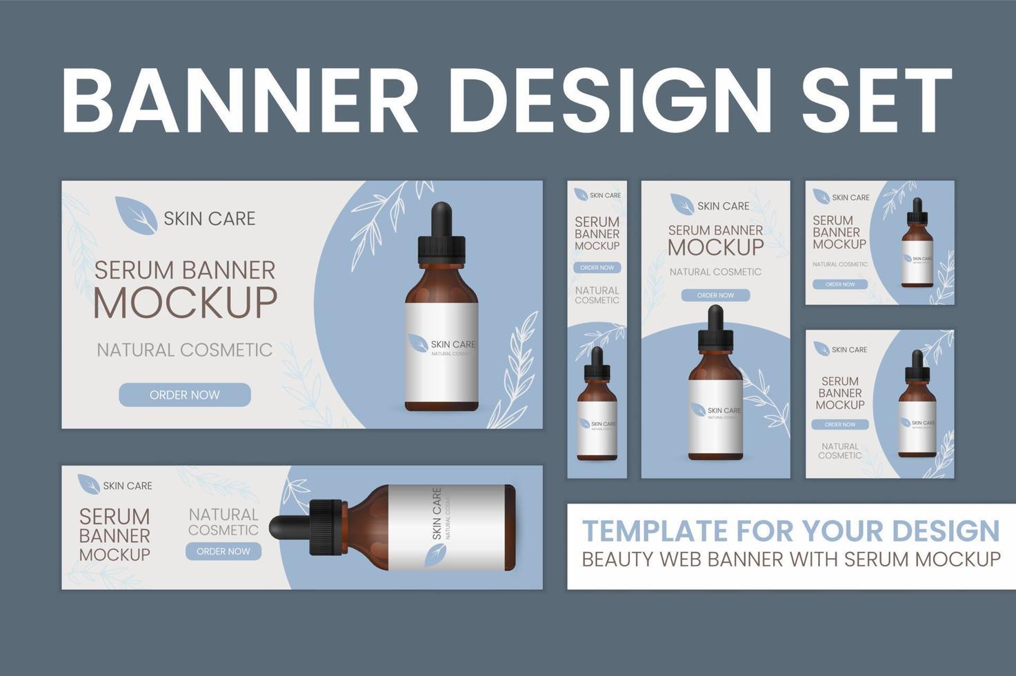 Big set of web banners. Natural or organic skin care product ad template. Bottle mock up 3d illustration on blue background. Serum realistic dropper with pipette, abstract banner for cosmetics. vector