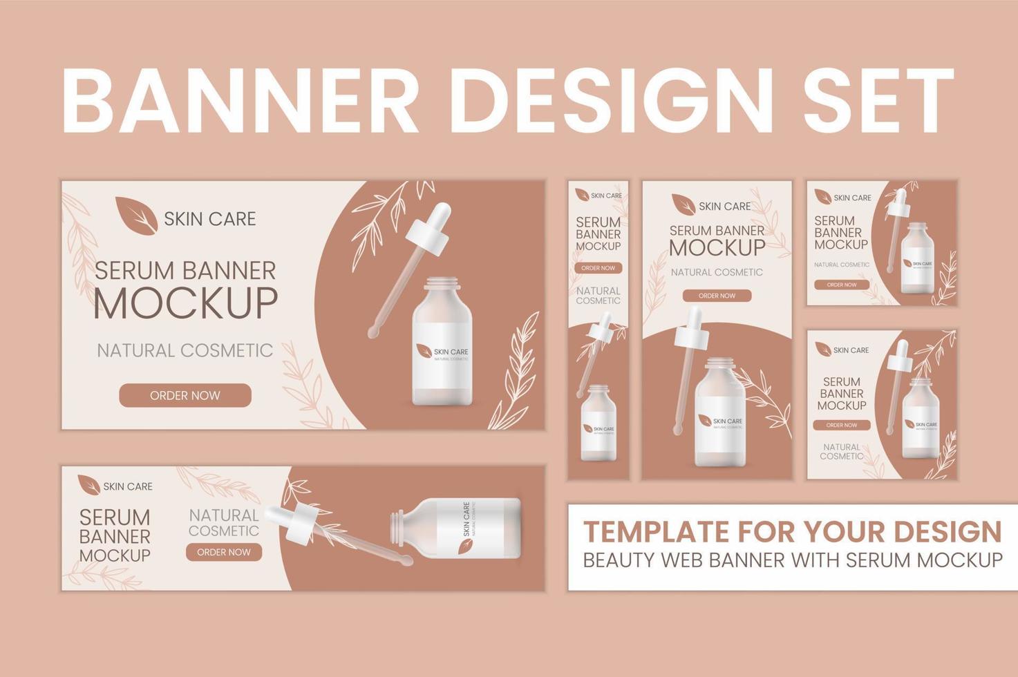 Big set of banners. Natural or organic skin care product ad template. Bottle mock up 3d illustration on peach pastel background. Serum realistic dropper with pipette, abstract banner for cosmetics. vector