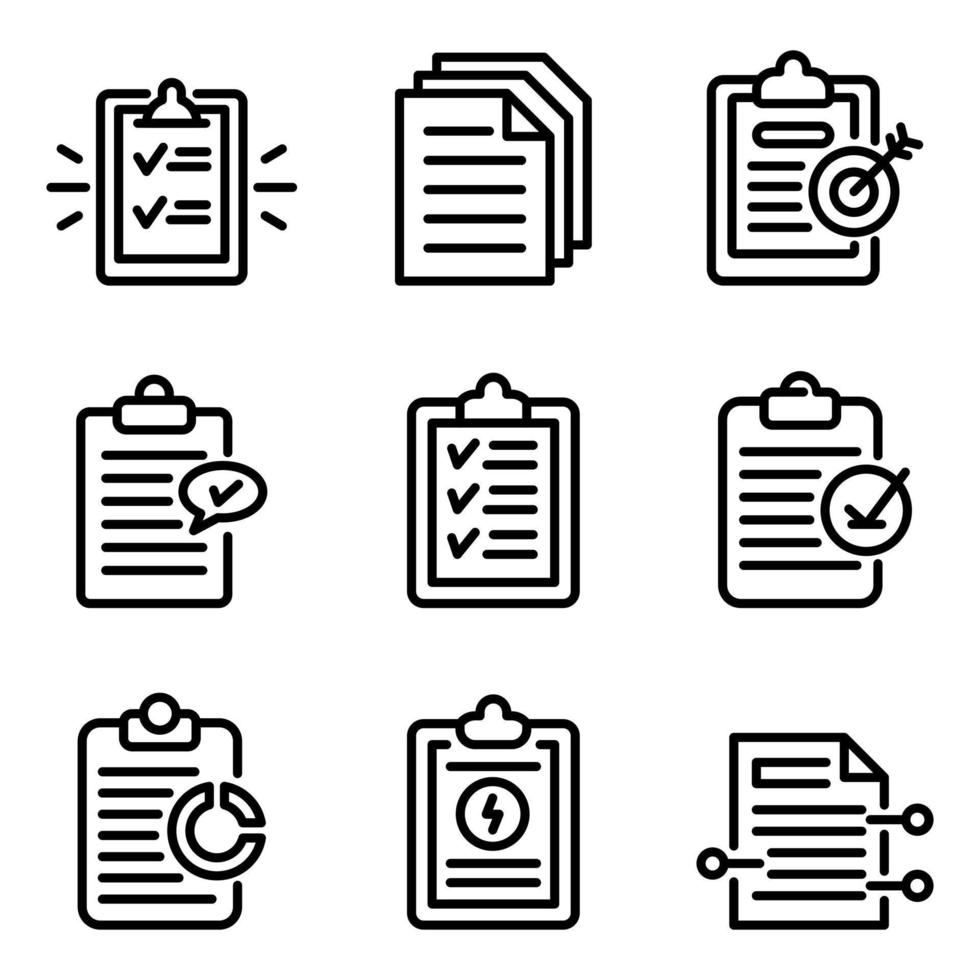 Summary icons set, outline style vector