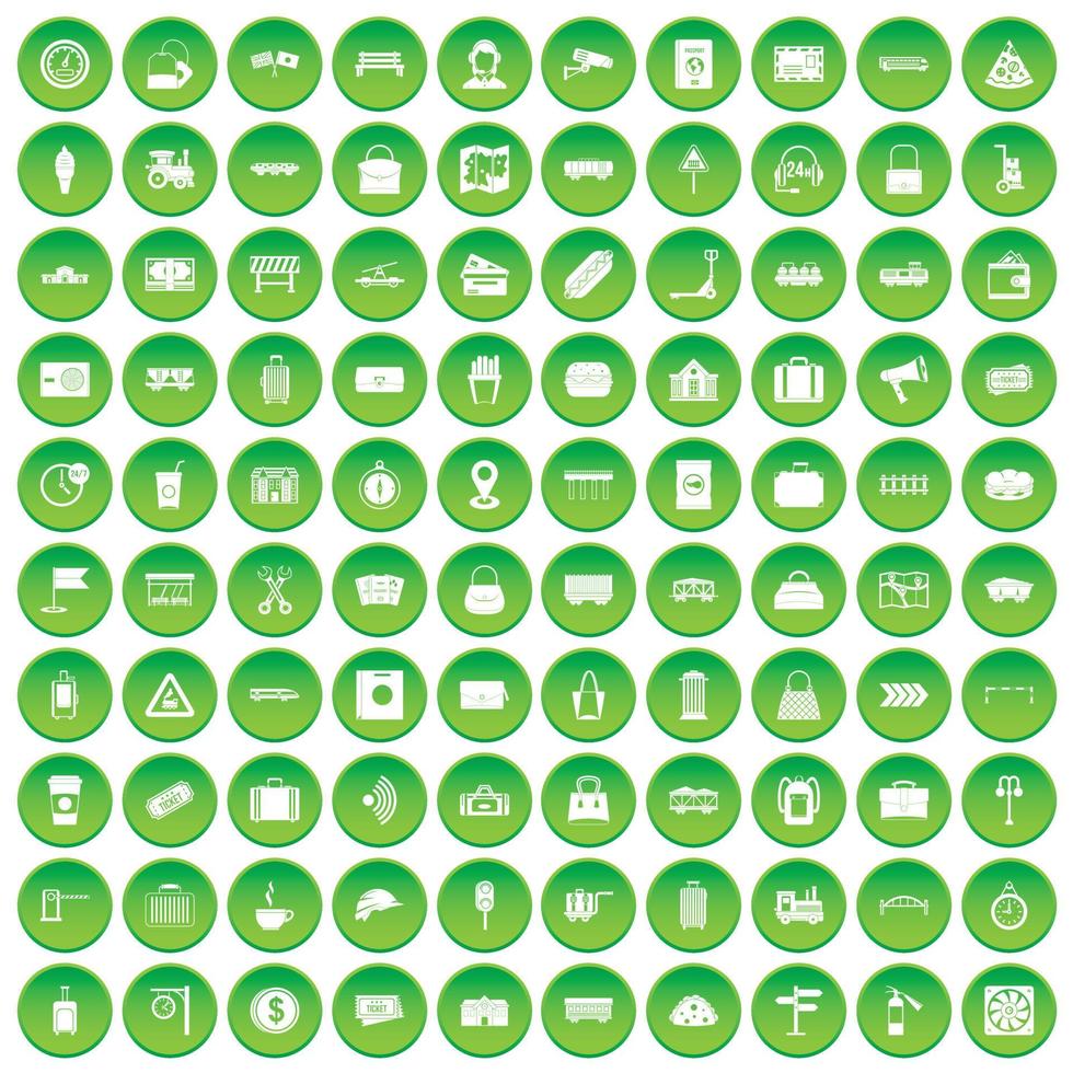 100 railway icons set green circle vector