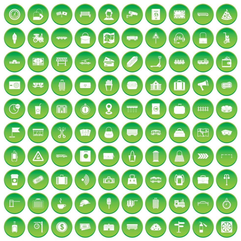 100 railway icons set green circle vector