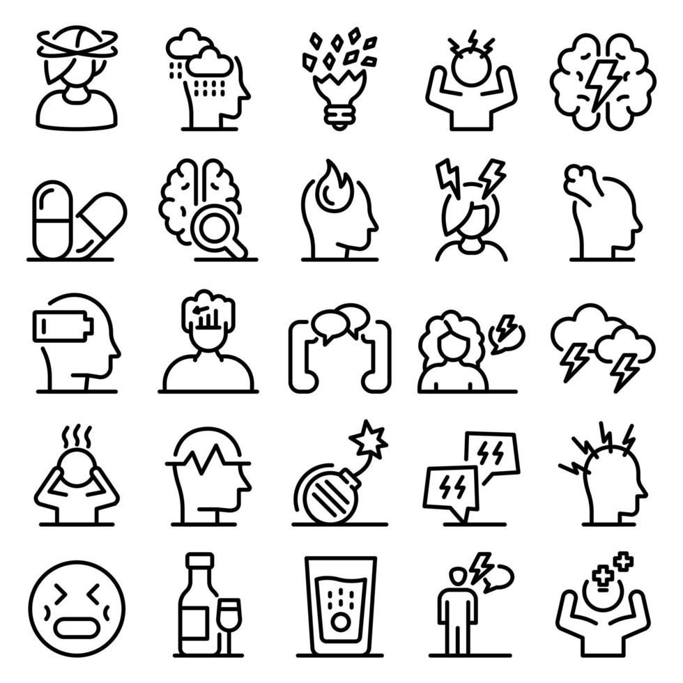 Stress icons set, outline style vector