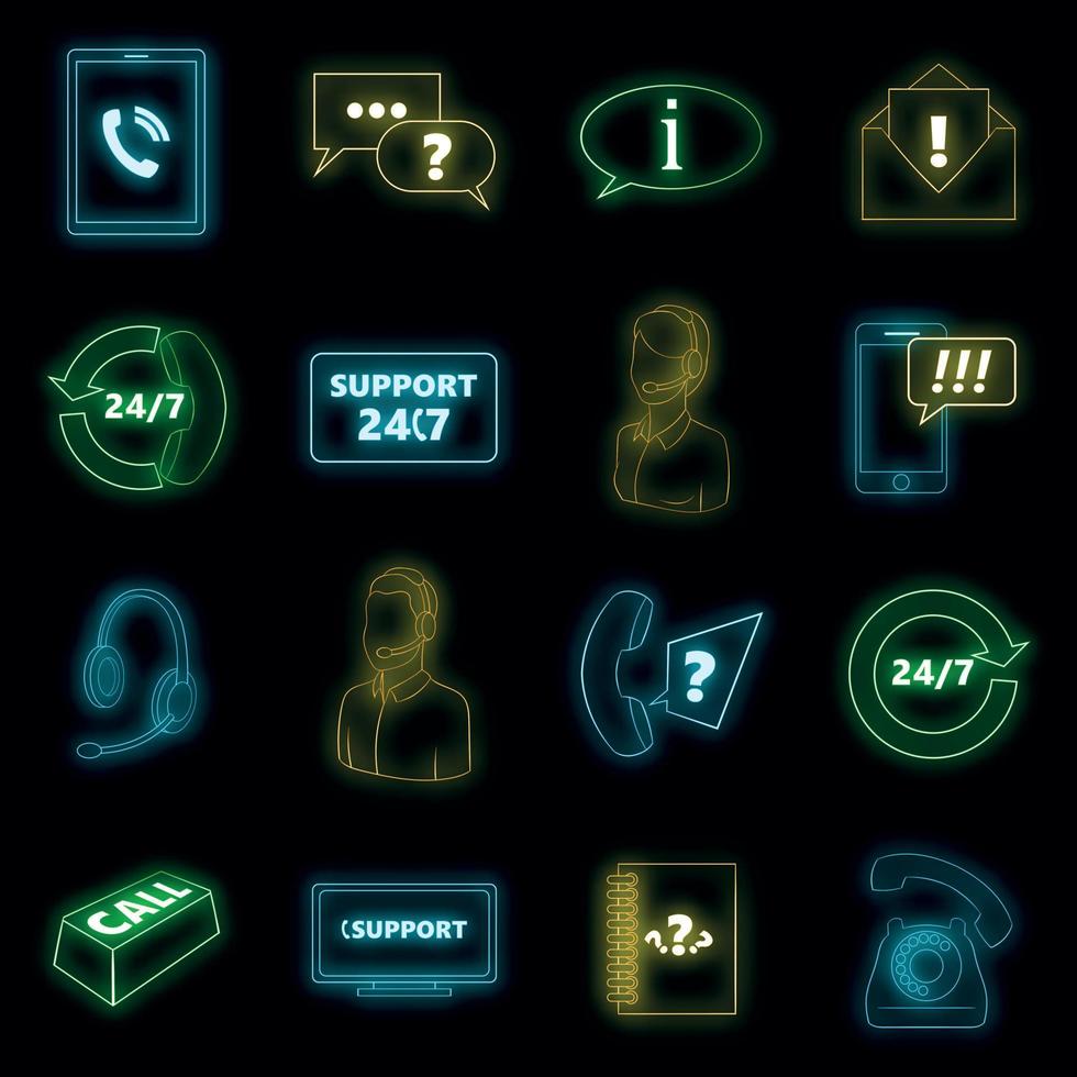 Call center icons set vector neon