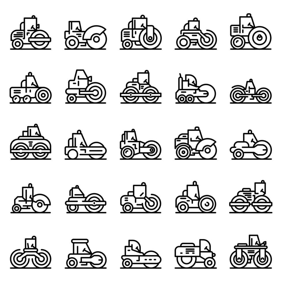 Road roller icons set, outline style vector