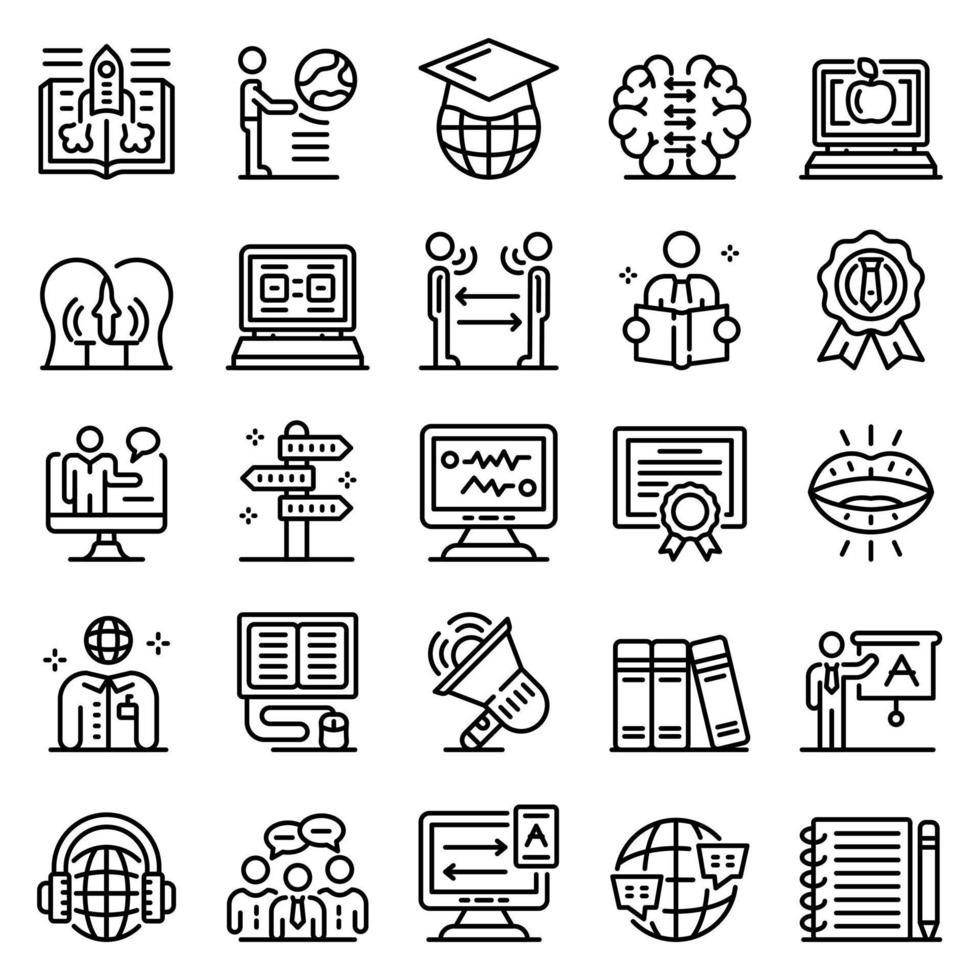 conjunto de iconos de profesor de lengua extranjera, estilo de esquema vector