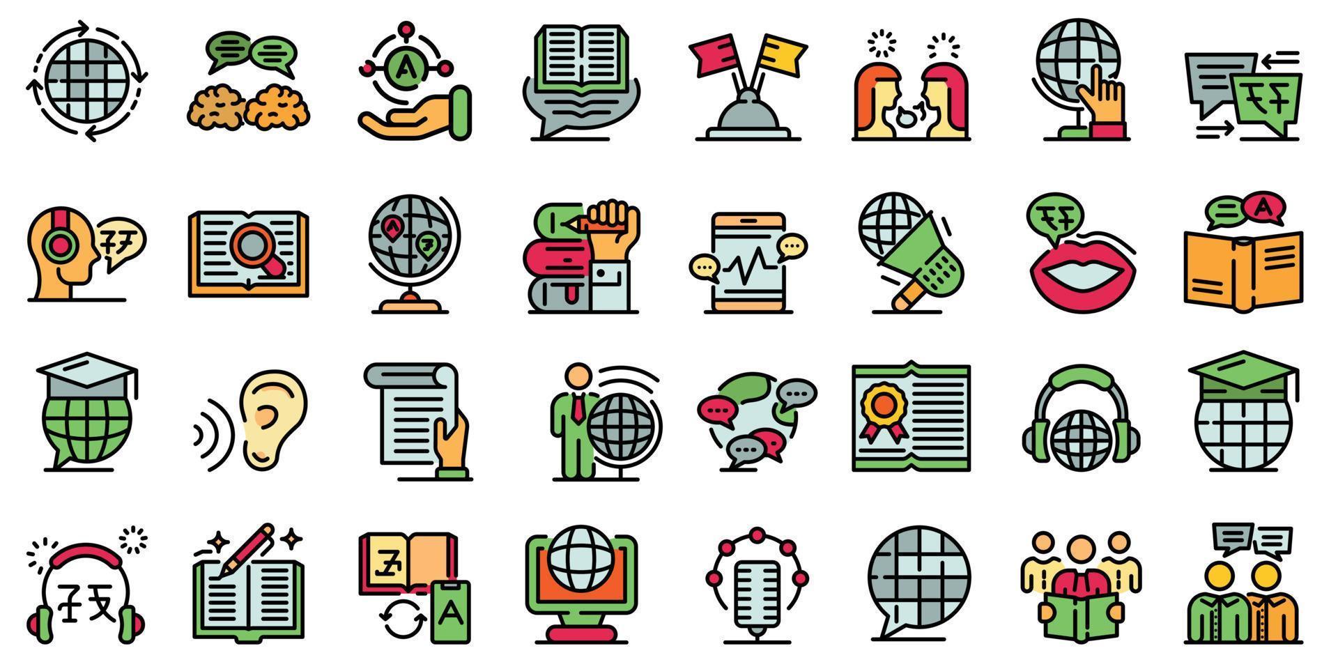 Translator icons set, outline style vector