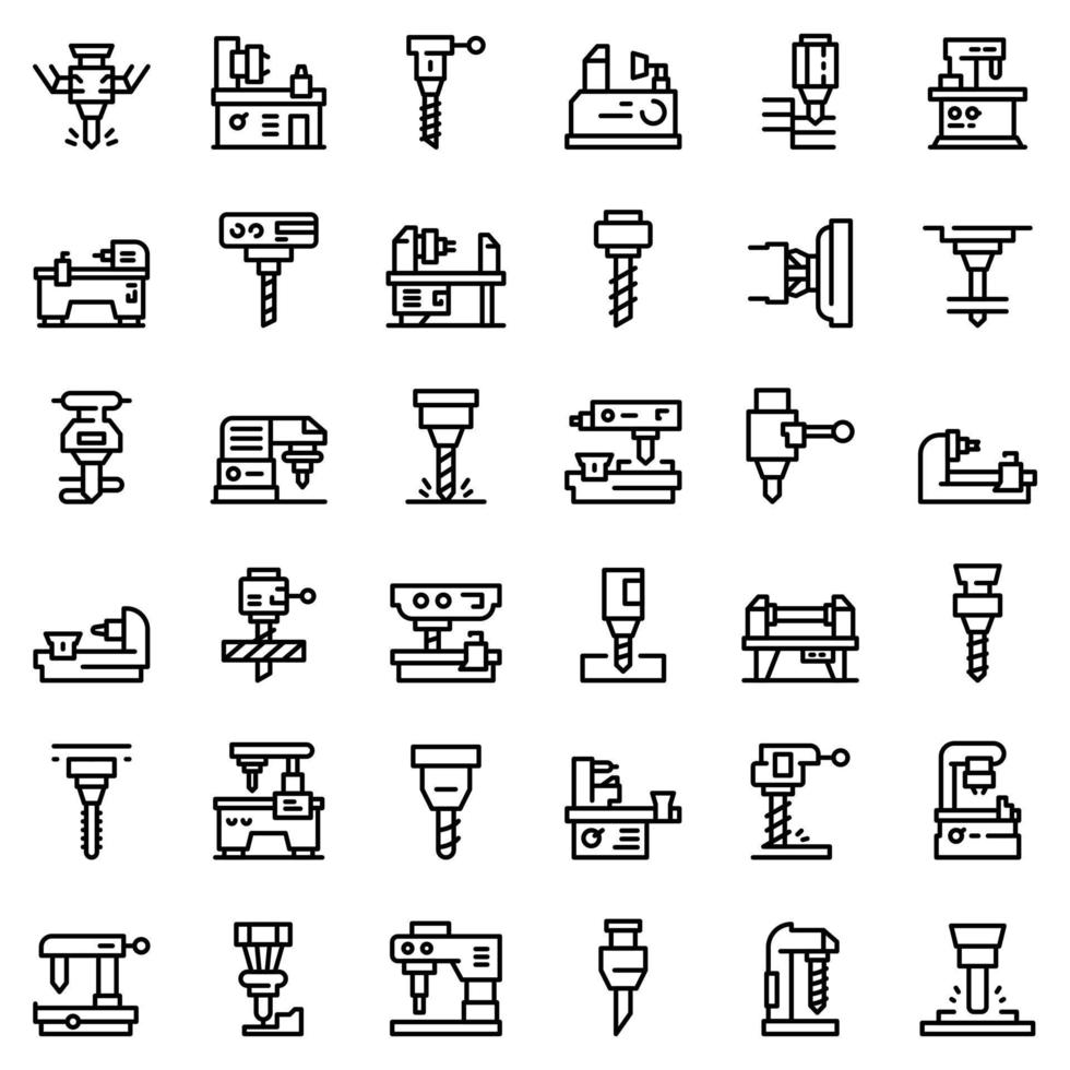 conjunto de iconos de máquina de fresado, estilo de esquema vector