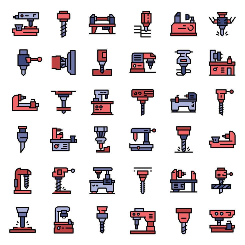 Milling machine icons set, outline style vector