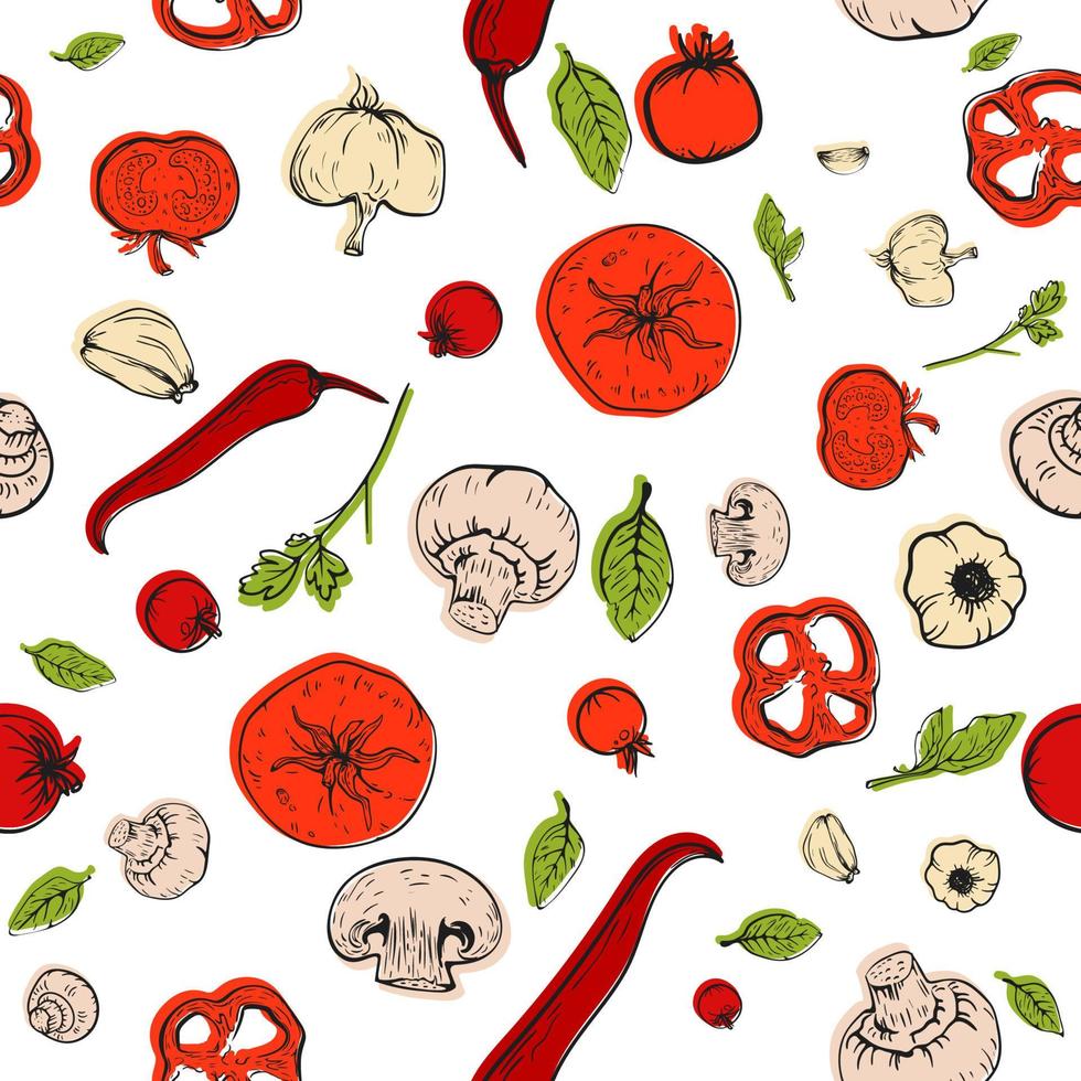 Seamless pattern with hand drawn sketch vegetables tomato, pepper, garlic, mushrooms for pizza or salad recipe, package, menu, cooking. Healthy food vector white background, poster or banner