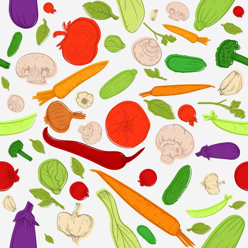 Healthy organic food seamless pattern sketch vintage vegetables tomato, cucumber, pepper, garlic, mushrooms for vegan package, menu, recipe, cooking vector