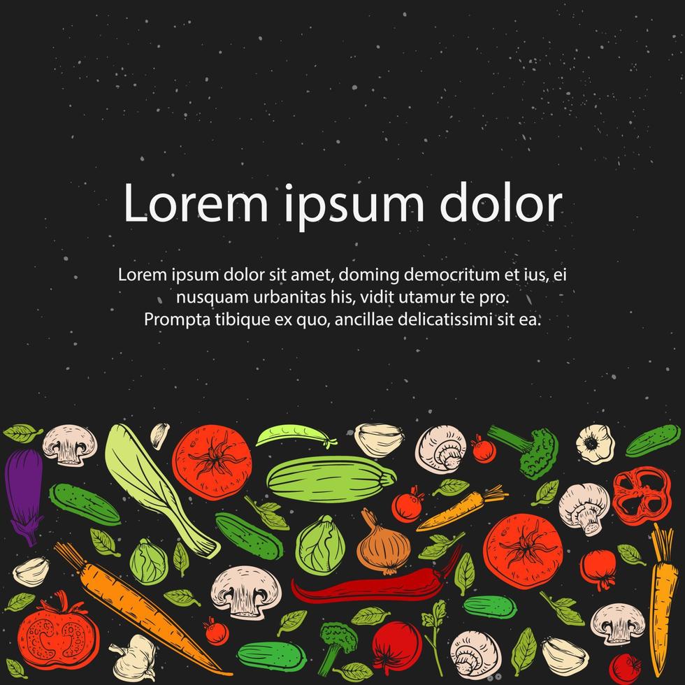 diseño de alimentos vectoriales de ilustración vegetal o plantilla de etiqueta. Tomate de comida cultivada en granja, ajo, pancarta de pimienta. tipografía moderna y vegetales dibujados a mano boceto grunge pizarra fondo banner vector