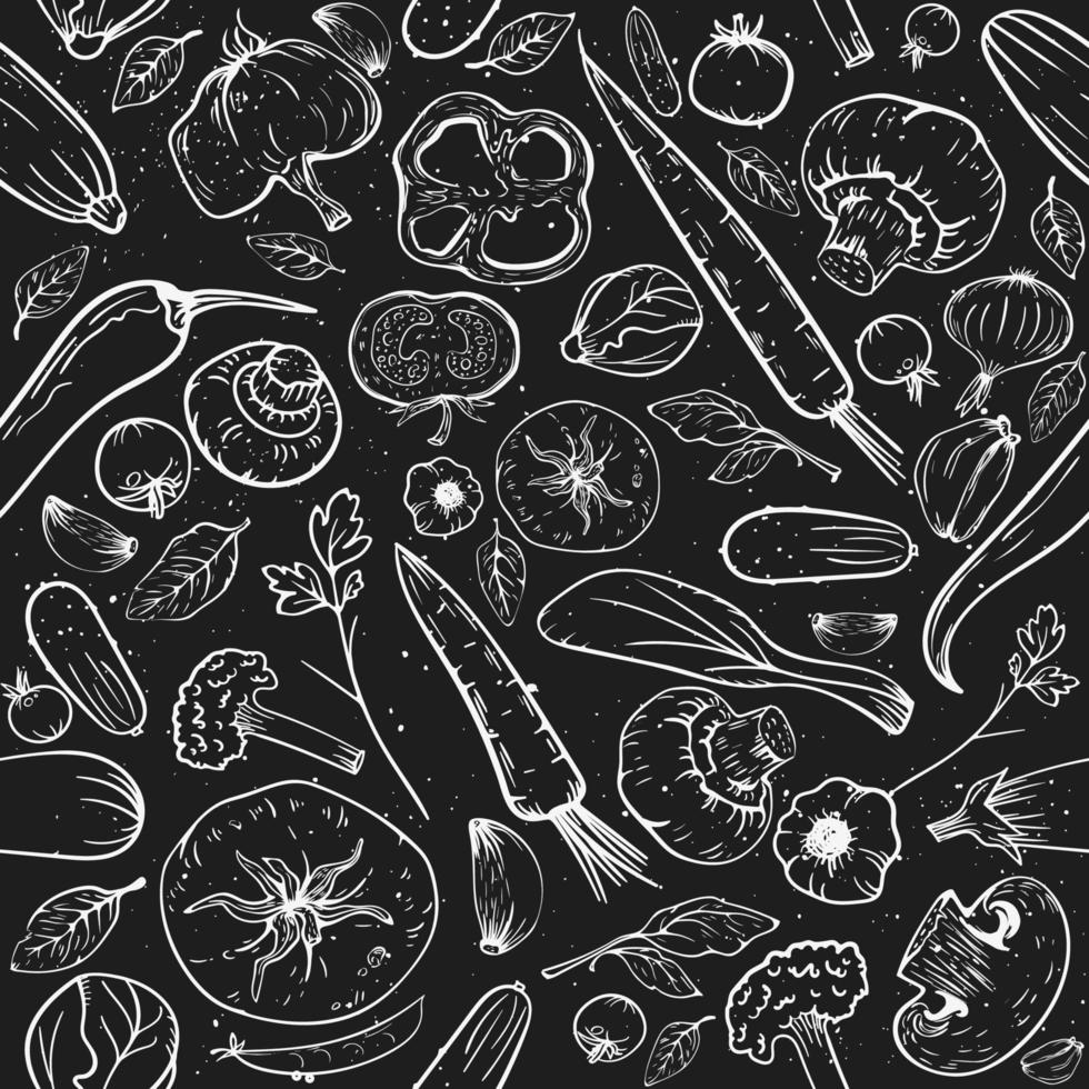 Seamless pattern vector black background. Hand drawn sketch vintage vegetables tomato, cucumber, pepper, garlic, mushrooms for package, menu, recipe, cooking