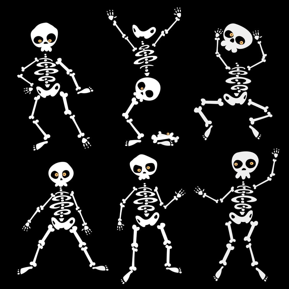 Funny skeletons in different poses vector elements for halloween design. On the dark background. Vector illustration.