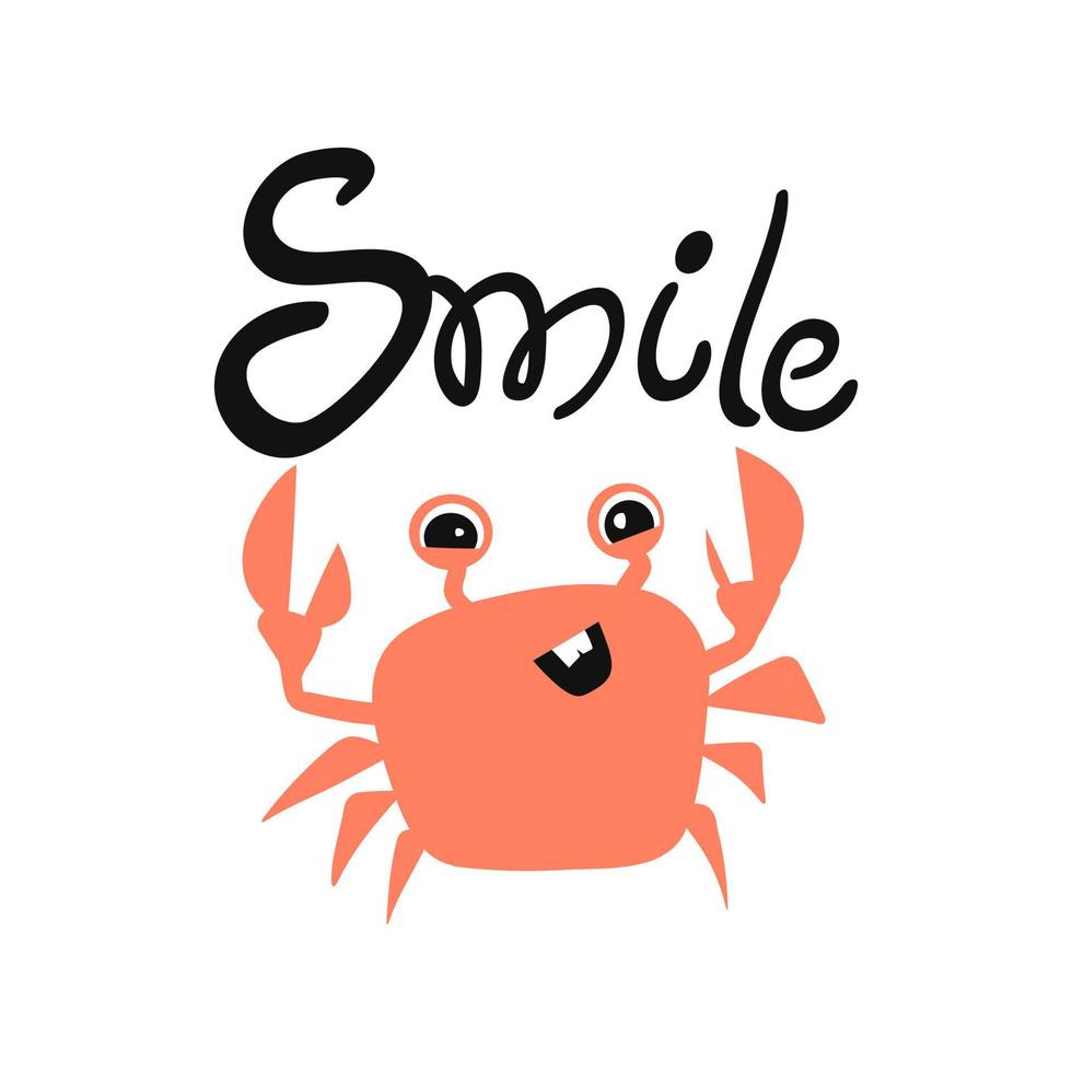 Vector marine themed hand drawn coral cartoon crab with smile on the white background. Child Illustration.