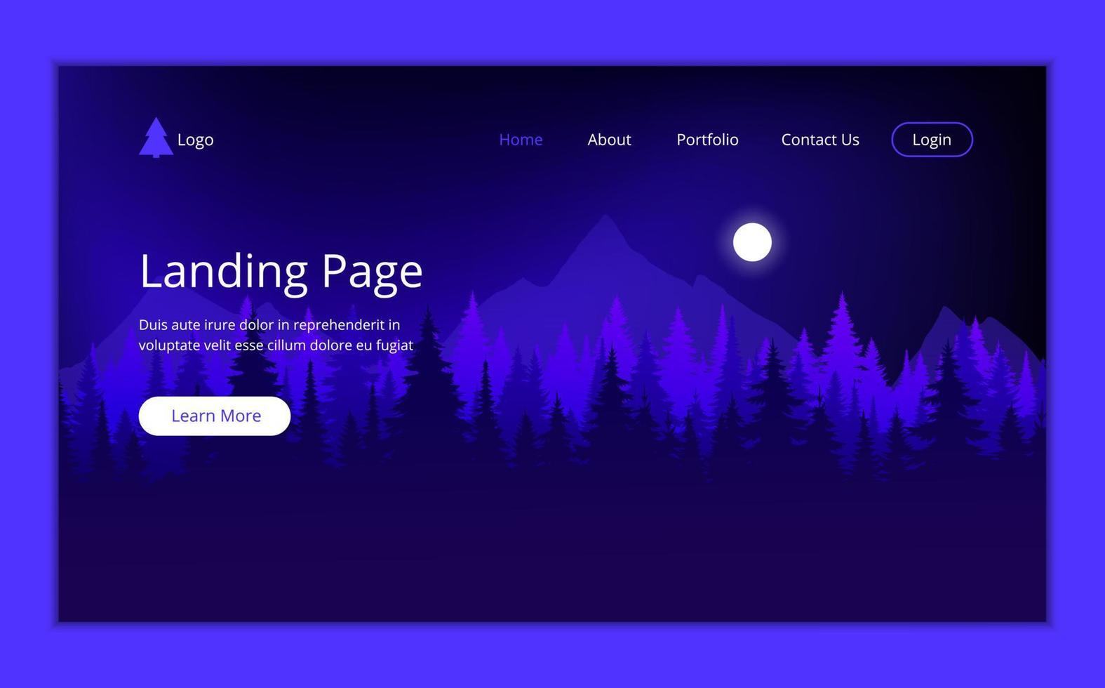 Landing page template with green trendy forest silhouette and moon on dark blue background. Ecological botanical design vector illustration concept for website development