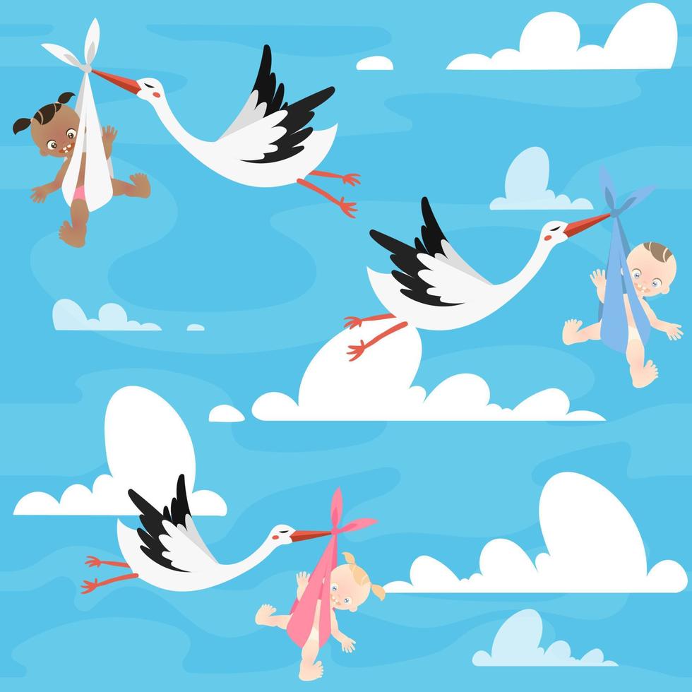 Cartoon flying storks birds carrying baby, vector set stork bird with boy and girl flying in the sky with clouds seamless pattern.