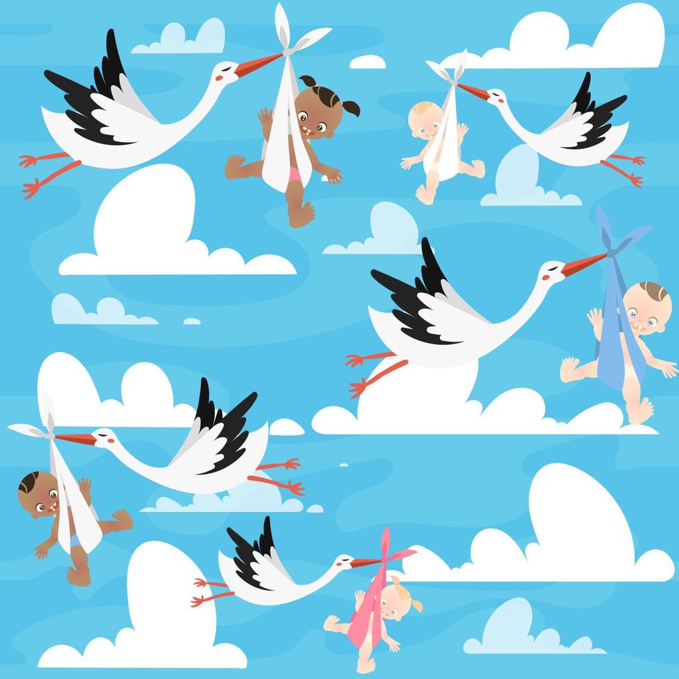 Cartoon flying storks birds carrying baby, vector set stork bird with boy and girl flying in the sky with clouds seamless pattern.